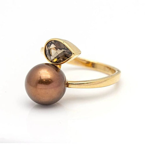 Bague 56 Bague en or rose 18 carats avec perle et quartz fumé 58 Facettes D359660LF