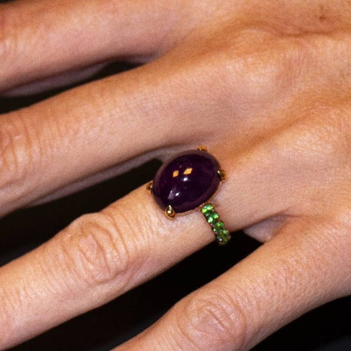 Bague 47.5 Bague en or rose - Rubis cabochon et tsavorites 58 Facettes D360369CS