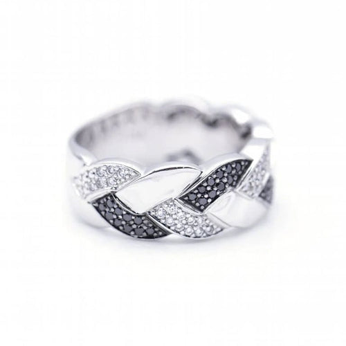 Bague 57 Bague tressée - Or blanc 18 ct et diamants blancs et noirs 58 Facettes N102884LF