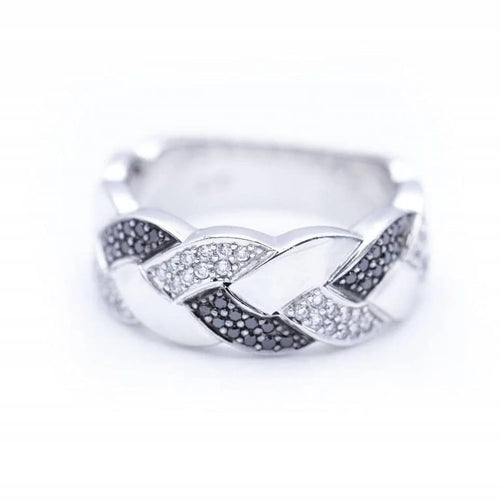Bague 57 Bague tressée - Or blanc 18 ct et diamants blancs et noirs 58 Facettes N102884LF