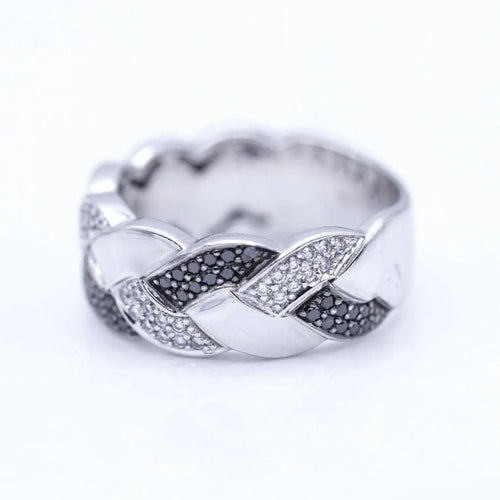 Bague 57 Bague tressée - Or blanc 18 ct et diamants blancs et noirs 58 Facettes N102884LF