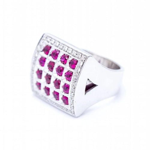 Bague 54 Bague unisexe en or blanc 18 kt avec diamants et rubis 58 Facettes N102917EJ