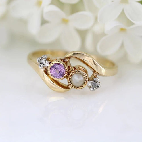Bague 56 Bague toi et moi en or jaune 18 carats, perle fine, saphir rose et diamants 58 Facettes 09-036