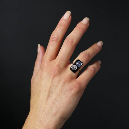 Bague 50 Bague Art déco en platine avec onyx, diamant et saphir 58 Facettes 24-284