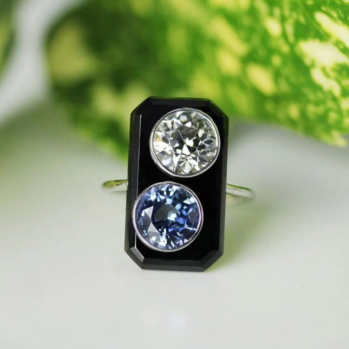 Bague 50 Bague Art déco en platine avec onyx, diamant et saphir 58 Facettes 24-284