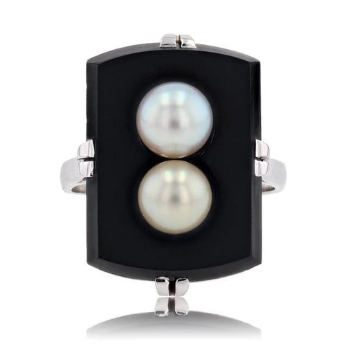 Bague 56 Bague Art déco en or blanc 18 carats, onyx et perles de culture 58 Facettes 24-014