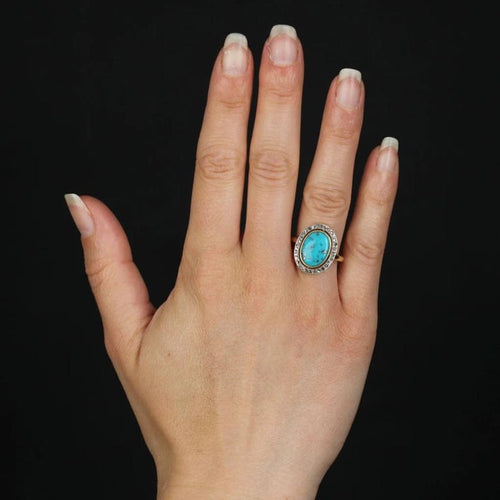 Bague 55 Bague ancienne ovale en or jaune 18 carats, platine, diamants et turquoise 58 Facettes 23-143