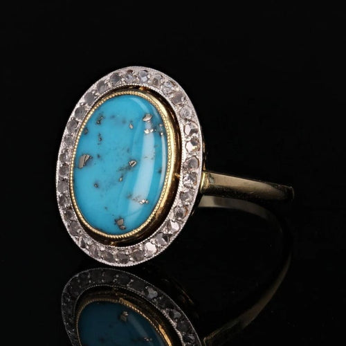 Bague 55 Bague ancienne ovale en or jaune 18 carats, platine, diamants et turquoise 58 Facettes 23-143