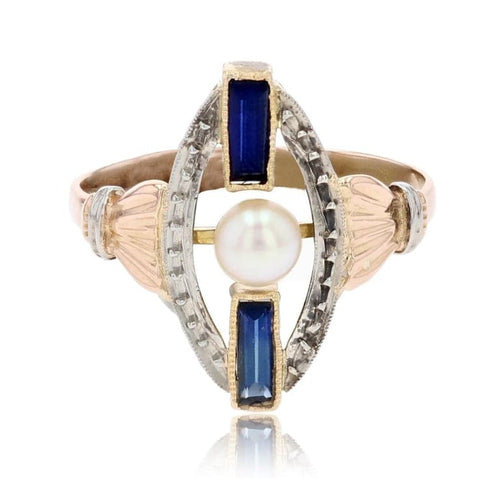 Bague 51 Bague Art déco ovale en or rose et blanc avec perle et saphirs 58 Facettes 22-569