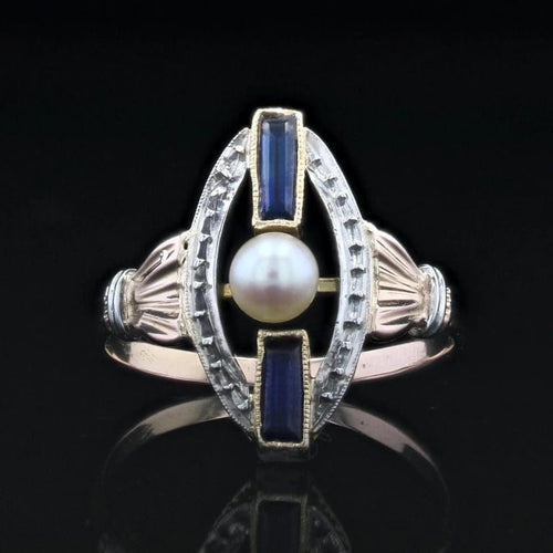 Bague 51 Bague Art déco ovale en or rose et blanc avec perle et saphirs 58 Facettes 22-569