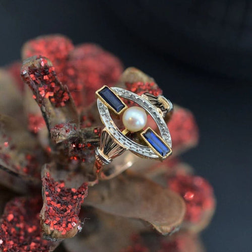 Bague 51 Bague Art déco ovale en or rose et blanc avec perle et saphirs 58 Facettes 22-569