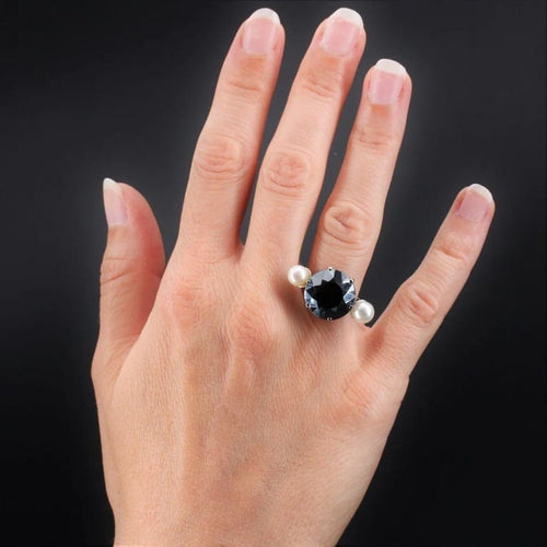 Bague 54 Bague de cocktail en or blanc 18 carats, hématite et perles 58 Facettes 18-322