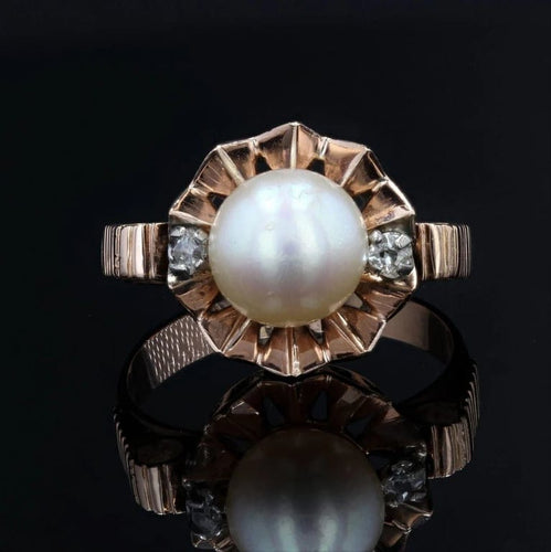 Bague 57 Bague ancienne couronne en or rose 18 carats, perle et diamants 58 Facettes 22-246