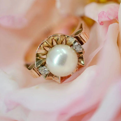 Bague 57 Bague ancienne couronne en or rose 18 carats, perle et diamants 58 Facettes 22-246