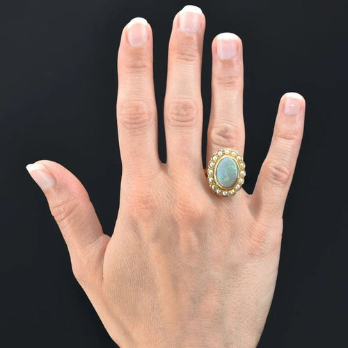Bague 55 Bague rétro opale et demi-perles en or jaune 18 carats 58 Facettes 22-106