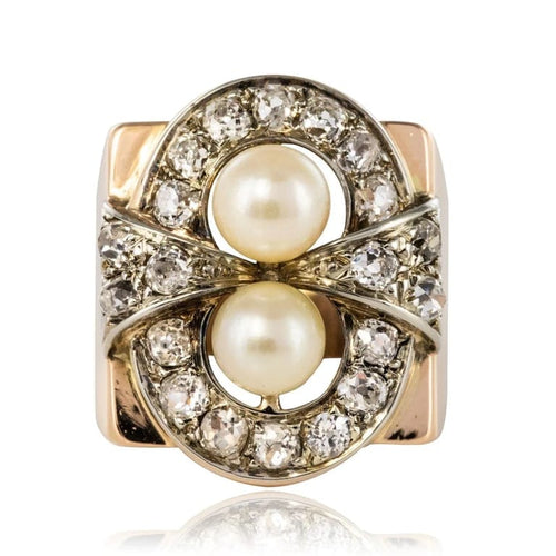 Bague 57 Bague tank rétro en or rose 18 carats, platine, perles et diamants 58 Facettes 20-117-52