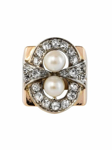 Bague 57 Bague tank rétro en or rose 18 carats, platine, perles et diamants 58 Facettes 20-117-52