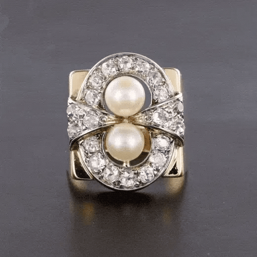 Bague 57 Bague tank rétro en or rose 18 carats, platine, perles et diamants 58 Facettes 20-117-52