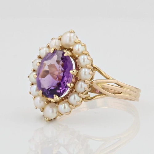 Bague 57 Bague ancienne en or jaune 18 carats, améthyste et perles 58 Facettes 20-569-50
