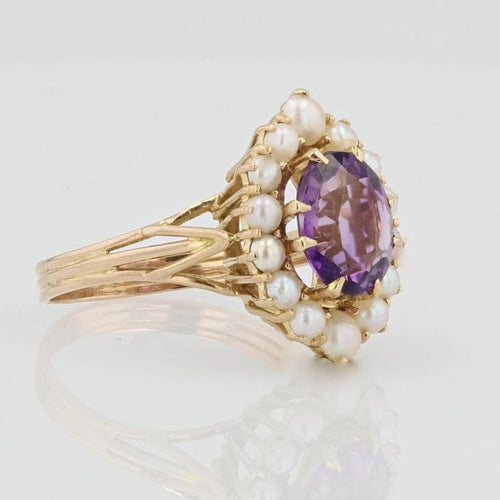 Bague 57 Bague ancienne en or jaune 18 carats, améthyste et perles 58 Facettes 20-569-50