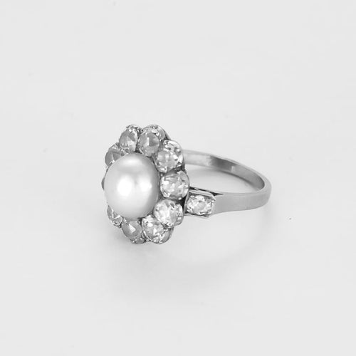 Bague 51 Bague marguerite début XXe en platine, perle fine et diamants 58 Facettes GAP1897X2-1