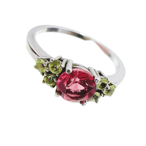 Bague 51 Bague vintage en or blanc 18 carats avec tourmaline ovale et péridots 58 Facettes 50346