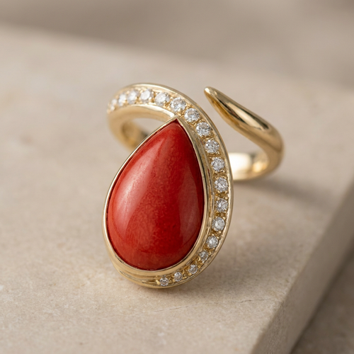 Bague 55 Bague en or jaune 18 carats, corail et diamants 58 Facettes 1853