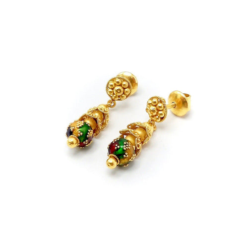 Boucles d'oreilles Cannetille indienne - Boucles d’oreilles pendantes en or jaune 22K émaillé 58 Facettes
