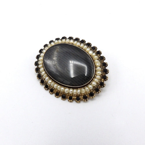 Broche Broche victorienne de deuil en or 14K avec cheveux, perles et jais 58 Facettes