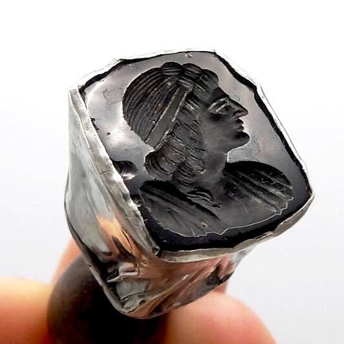 Sceau ancien - Cachet intaille en argent sterling et agate noire 58 Facettes