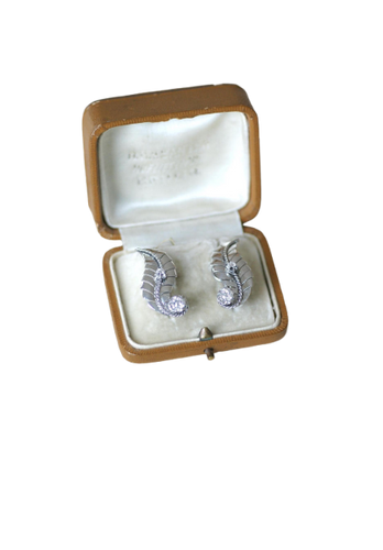 18ct white gold retro feather earrings, platinum and diamonds 