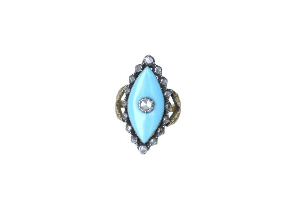 Bague 56.5 Bague marquise ancienne en or jaune et argent, diamant, pâte de verre 58 Facettes
