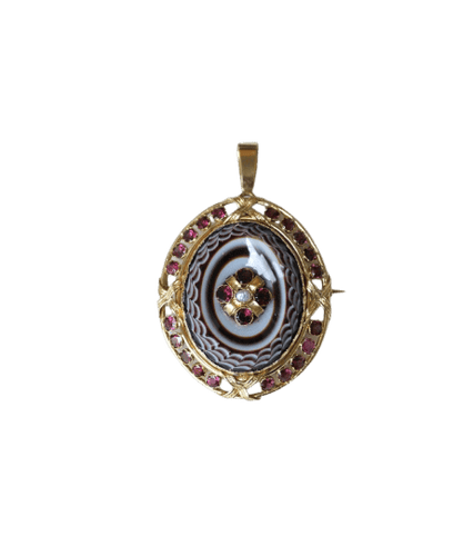 Pendentif Pendentif-broche en or jaune avec agate rubanée et grenats 58 Facettes