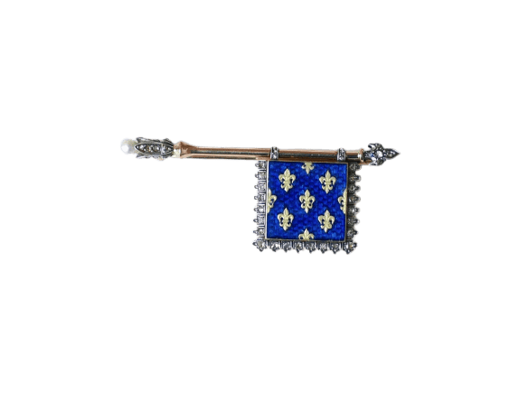 Broche Broche ancienne - Drapeau fleurs de lys en or rose et jaune, diamants, perle et émail 58 Facettes
