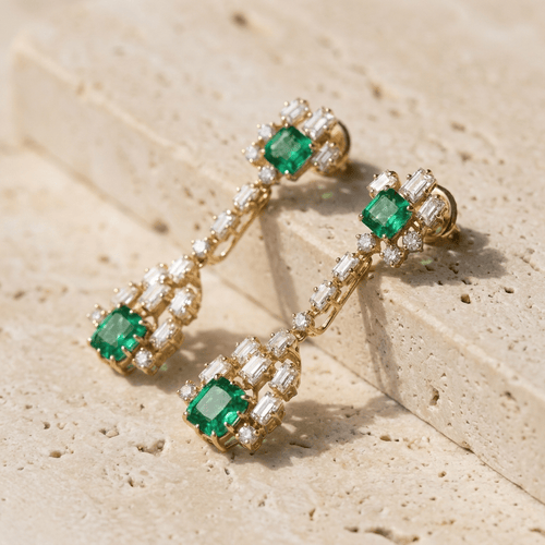 Boucles d'oreilles Goldohrhänger - Boucles d'oreilles en or avec diamants et émeraudes 58 Facettes 1708