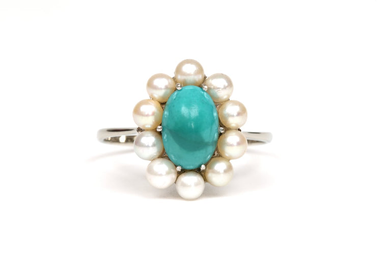 Bague 58 Bague Art déco en or blanc 18 carats, turquoise et perles 58 Facettes 21751