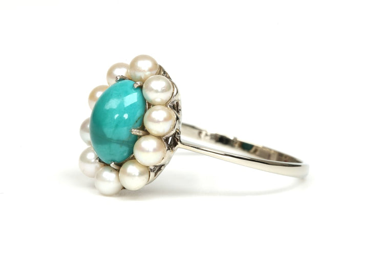 Bague 58 Bague Art déco en or blanc 18 carats, turquoise et perles 58 Facettes 21751