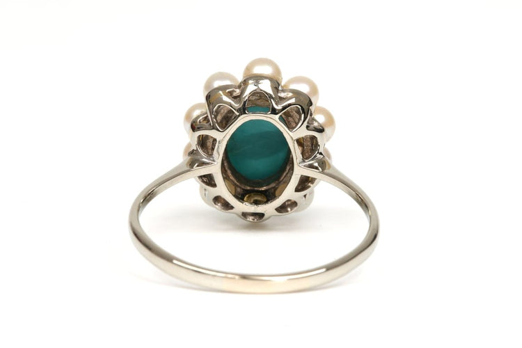 Bague 58 Bague Art déco en or blanc 18 carats, turquoise et perles 58 Facettes 21751