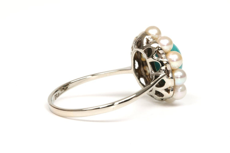 Bague 58 Bague Art déco en or blanc 18 carats, turquoise et perles 58 Facettes 21751