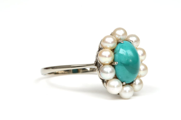 Bague 58 Bague Art déco en or blanc 18 carats, turquoise et perles 58 Facettes 21751