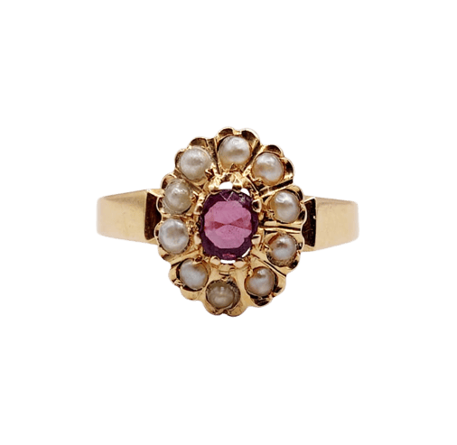 Bague 50 Bague marguerite ancienne en or rose 18k, pierre violette et perles 58 Facettes A06752