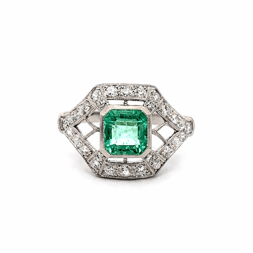 Bague 56 Art déco - Bague en or blanc 18 carats, émeraude colombienne et diamants 58 Facettes 50435