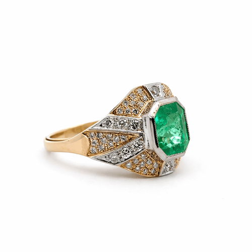 Bague 56 Bague vintage Art déco en or jaune et or blanc 18 k, émeraude et diamants 58 Facettes 50437