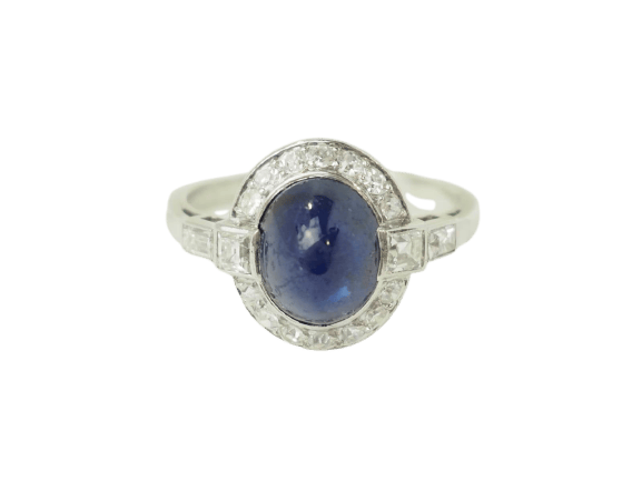 Ring 52 Ring Art Deco in Platina 900, cabochon saffier en diamanten 58 Facettes 33658