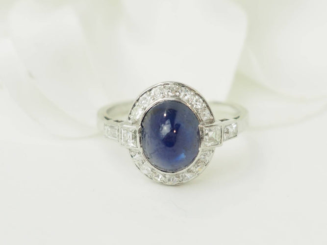 Ring 52 Ring Art Deco in Platina 900, cabochon saffier en diamanten 58 Facettes 33658