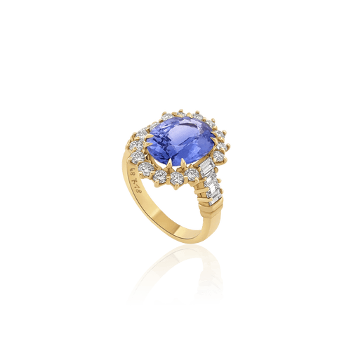 Bague 54 Bague années 1970 en or jaune 18 carats, saphir de Ceylan 6 ct et diamants 58 Facettes F31