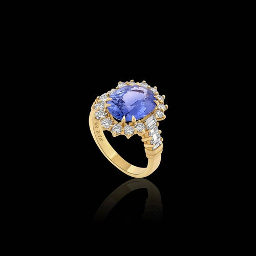 Bague 54 Bague années 1970 en or jaune 18 carats, saphir de Ceylan 6 ct et diamants 58 Facettes F31