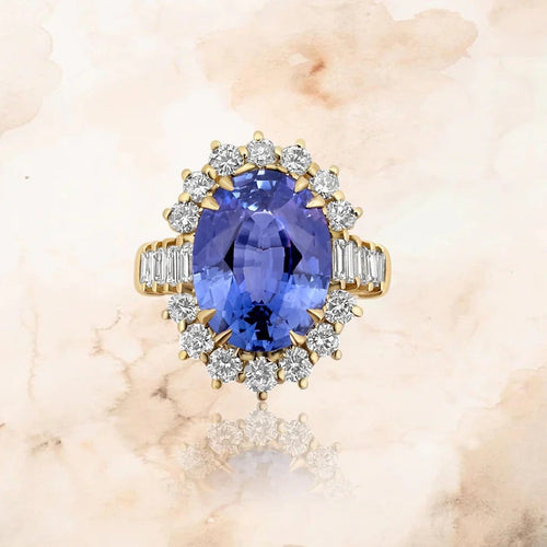 Bague 54 Bague années 1970 en or jaune 18 carats, saphir de Ceylan 6 ct et diamants 58 Facettes F31