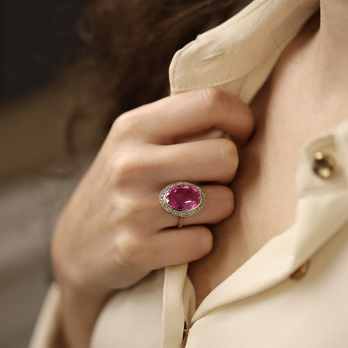 Bague Bague Art Déco Verneuil Rose & Roses de Diamants – Or Gris 18k – Taille 53 – Vers 1930 58 Facettes FB11453