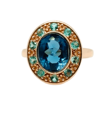 Bague 54 Bague - Topaze bleue et émeraudes en or rose 58 Facettes